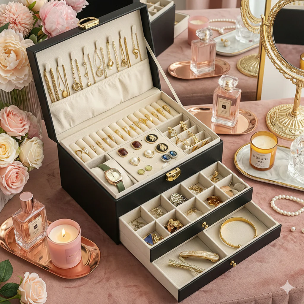 Jewelry Box with Drawers — 2-Tier Velvet Organizer